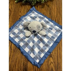 Cloud Island Blue White Plaid Puppy  Security Blanket  14" Lovey Silk Edge Back